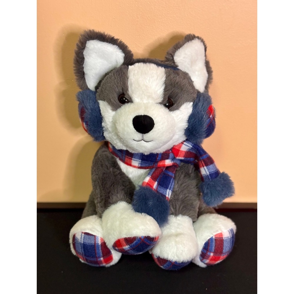 Hugfun Plush Husky Dog Winter Plaid Scarf Earmuffs 12" Soft Puppy Bruno